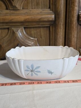 Lefton White Scalloped Ceramic Serving Bowl with Blue Leaf Motif